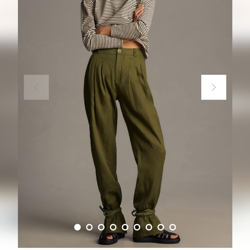 NWOT Camo Green Anthropologie Ankle-Tie Linen Pants In Size 8.